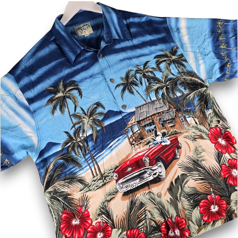 Big Dogs Men 2XL Blue Tropical Beach Classic Car Hibiscus Button Up Camp Shirt